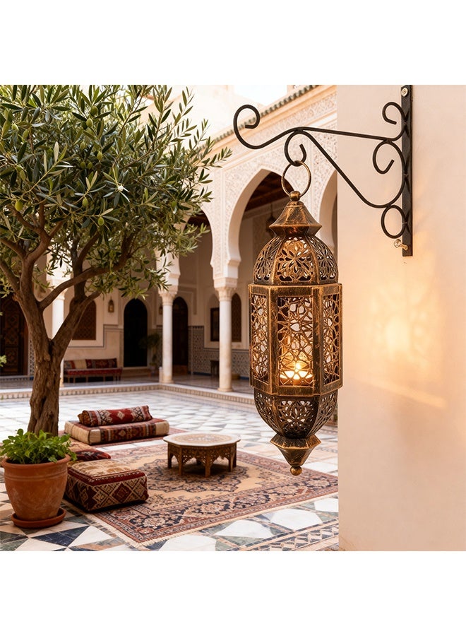 طقم من قطعتين - تركيبات إضاءة رمضان وفانوس مجوف بإضاءة الشموع - حرف يدوية على الطريقة المغربية، ديكور منزلي قديم الطراز مناسب للداخل والخارج وللإهداء - Image 4